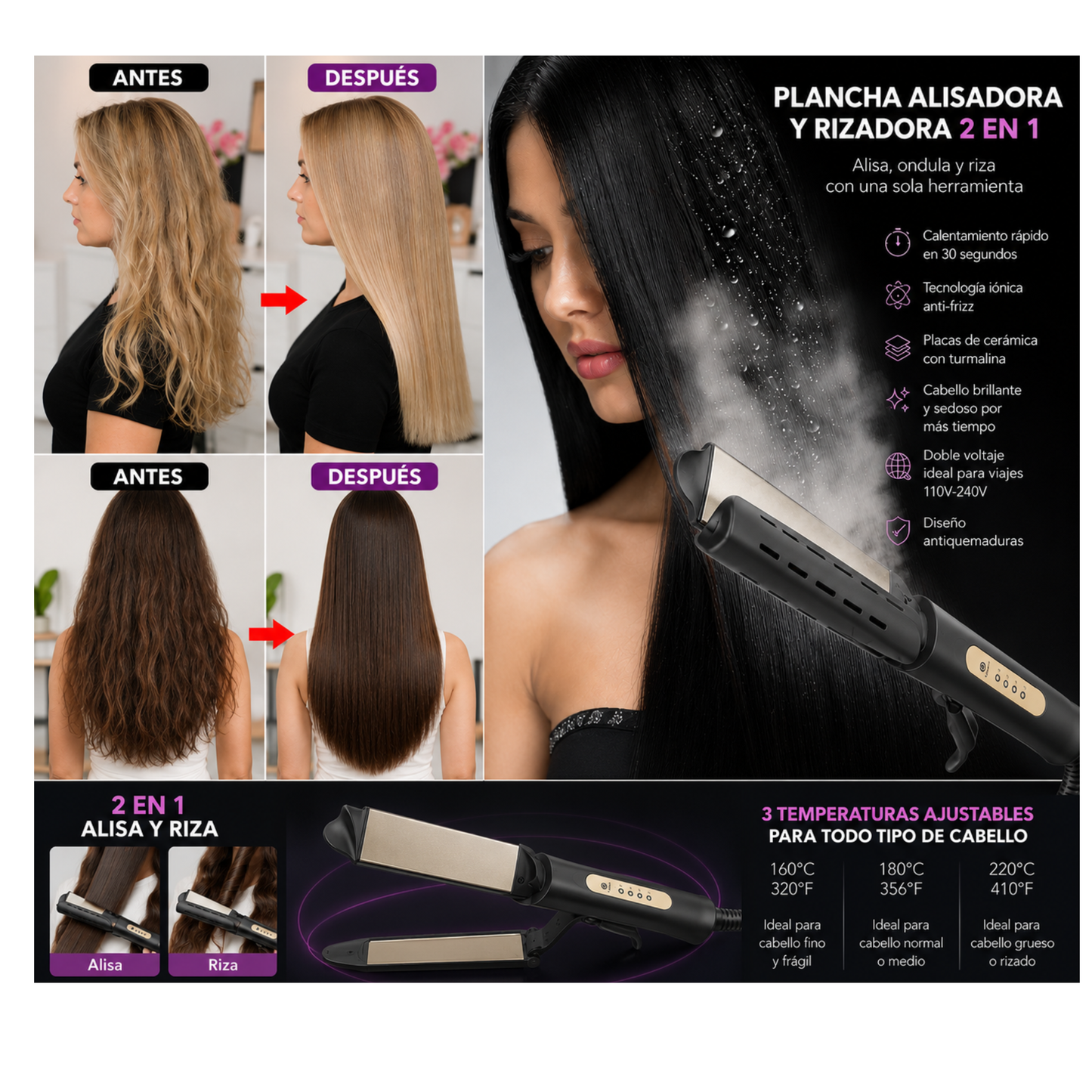 Plancha para el cabello 2 en 1